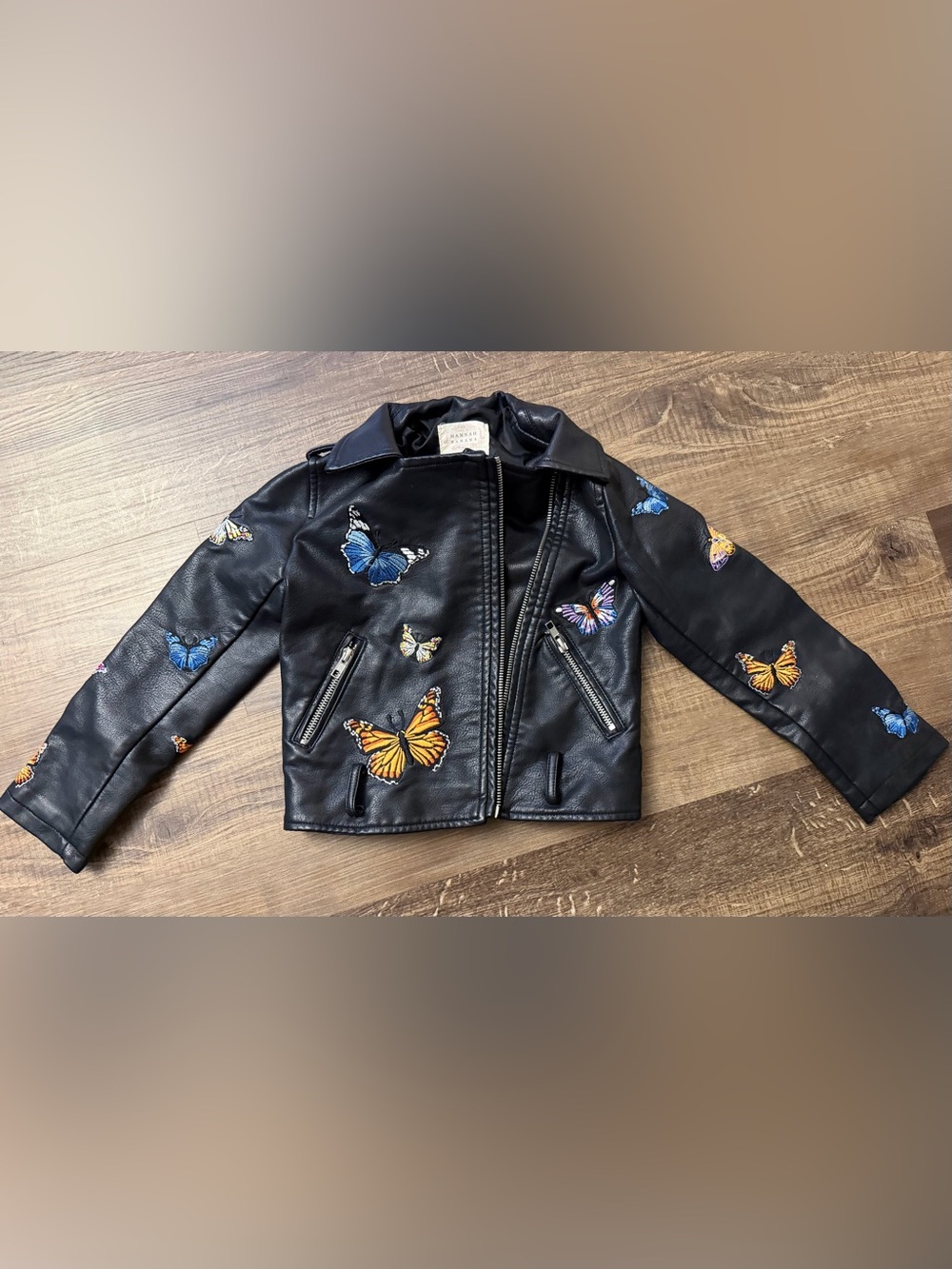 Hannah Banana Girls Butterfly Faux Leather Moto Jacket Black Estimated Size 5